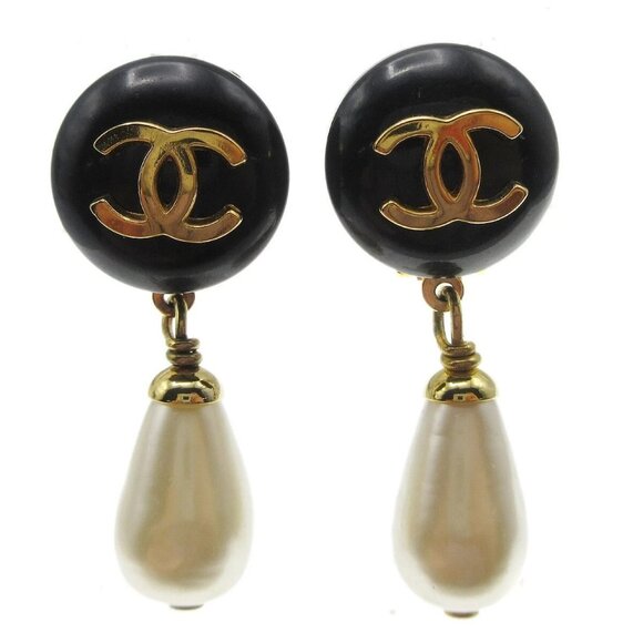 Chanel Artificial Pearl Dangle Earrings Clip-On Black - Picture 1 of 8